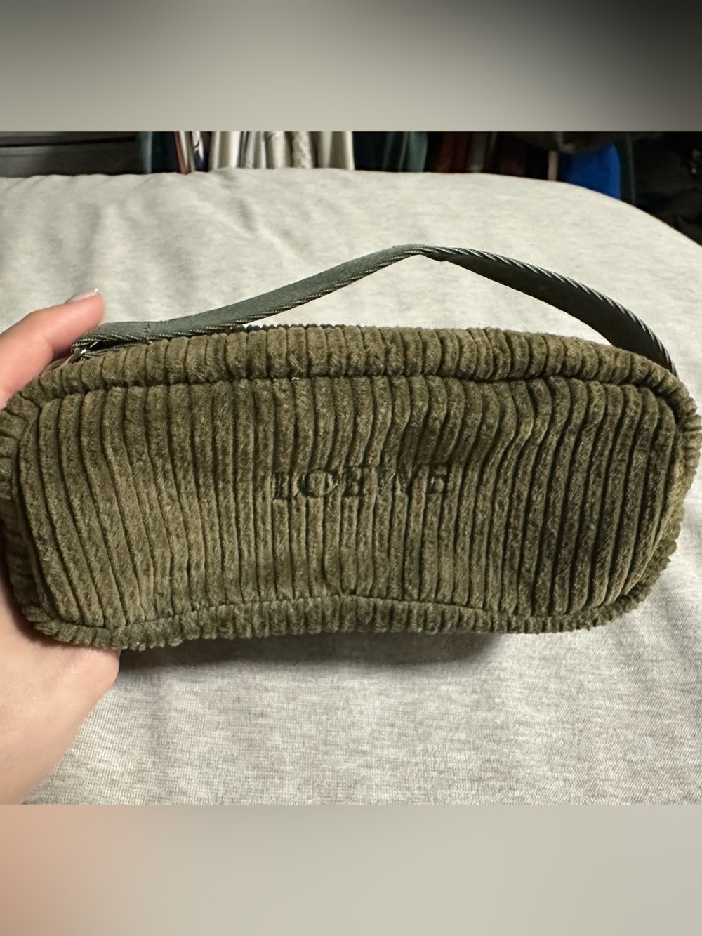 Authentic Loewe First Class amenity pouch in olive/moss green